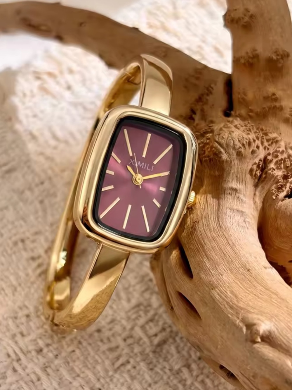 Ami Gold Bangle Watch with Plum Dial and Gold Accents